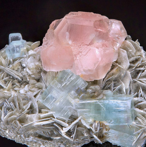 Morganite and Aquamarine on Muscovite - Chumar Bakhoor, Hunza Valley, Gilgit District, Gilgit-Baltis