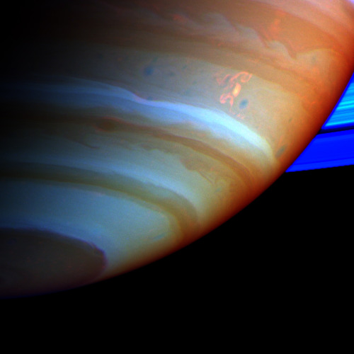 sci-universe:A false color composite made from Cassini spacecraft images show the Dragon Storm, which appeared in Saturn’s southern hemisphere in 2004. Credit: NASA/JPL/Space Science Institute