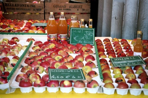 Apples and Apple Juice Stall, Weekly Market, Anduze, Gard, Languedoc-Rouissillon, France, 2005.