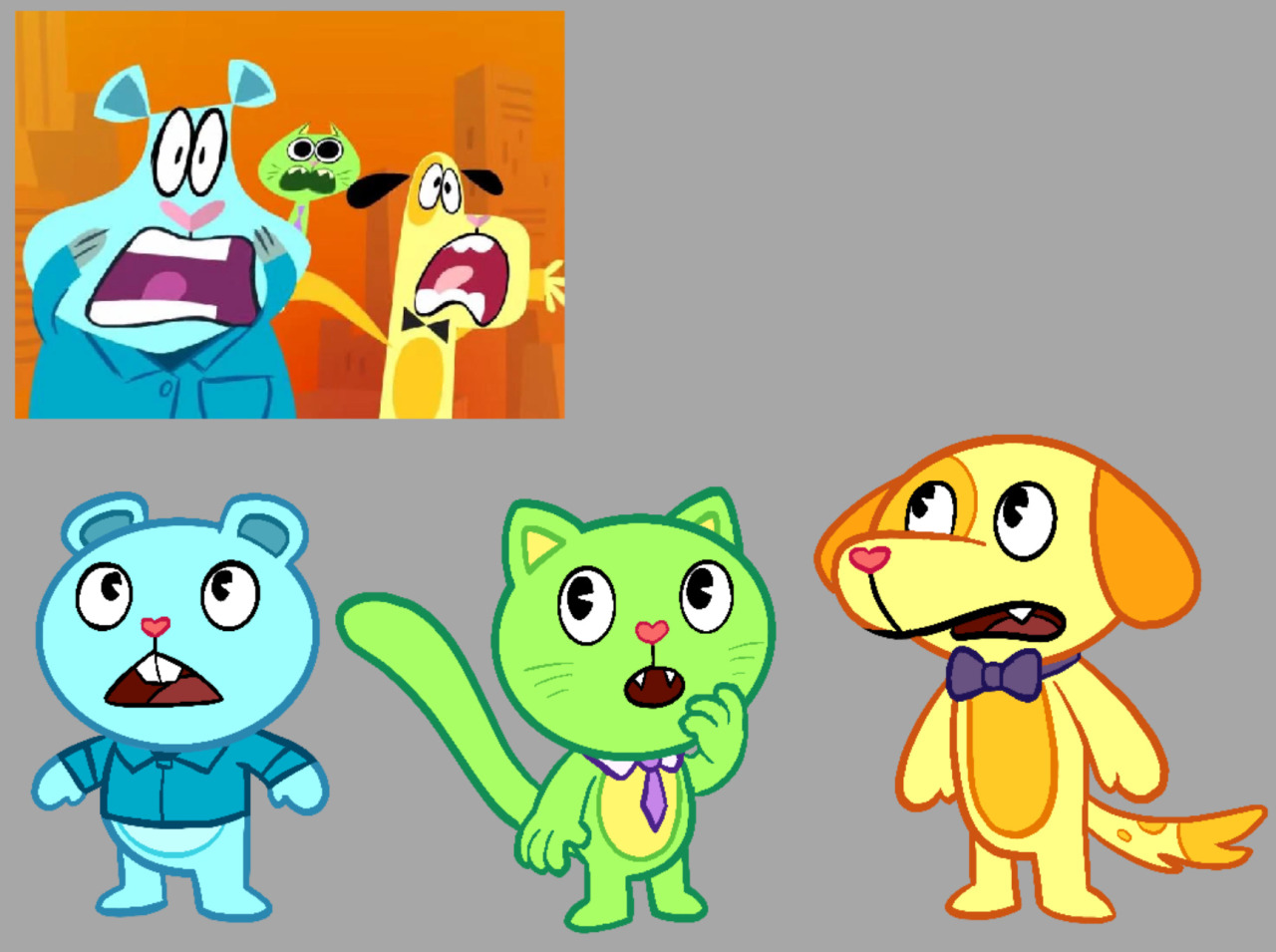 The bear, cat, and dog characters from the HTF kapow episode "Mirror Mirror" in the classic HTF style.
