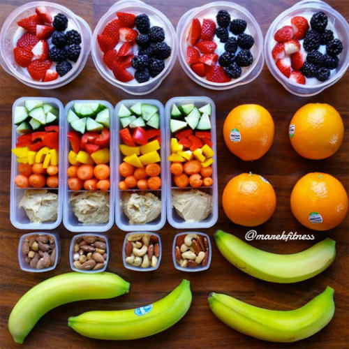 awesomefitnessrecipes: Healthy snack prep 1) Yogurt and fruit 2) sliced bell peppers carrots and cuc