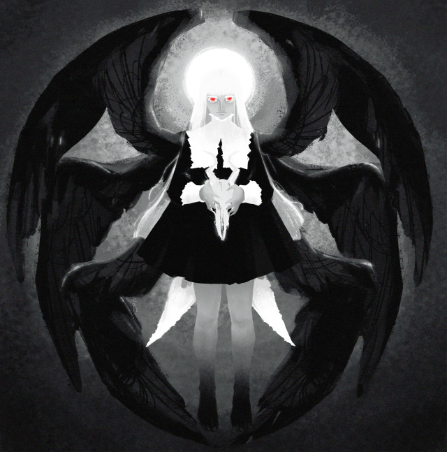 digital drawing of an six winged angel, the drawing is mostly balck and white with the exeption of the angel's eyes which are red, the angel appears feminine, they have long silver hair with bangs, a stern, intense expression, their skin is light grey, they are in a black mini dress with high white collar and cuffs, their feet is black, they are holding a horned skull in both hands in front of them, their wings are black and form a circle around the angel, around their head there is a halo of light .