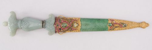 art-of-swords:  Dagger with Sheath Dated: 18th century Culture: Turkish Medium: jade, steel, gold, copper, shagreen, gemstone Measurements: L. with sheath 14 5/16 in. (36.4 cm); L. without sheath 13 5/16 in. (33.8 cm); W. 2 1/2 in. (6.4 cm); Wt.