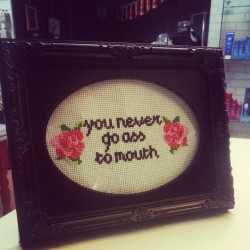 fatqueenofscots:  &ldquo;You never go ass to mouth.&rdquo;  Showing a bit of Clerks 2 love with my cross stitch today, haha. Totally in love with it. ♡😊