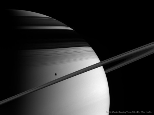 heracliteanfire:Saturn, Tethys, Rings, and Shadows. Image Credit: Cassini Imaging Team, SSI, JPL, ES
