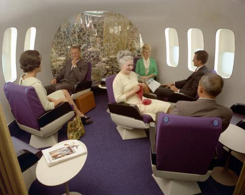 Air travel in the 1970s, interior of Branif &amp; Boeing 747. Source