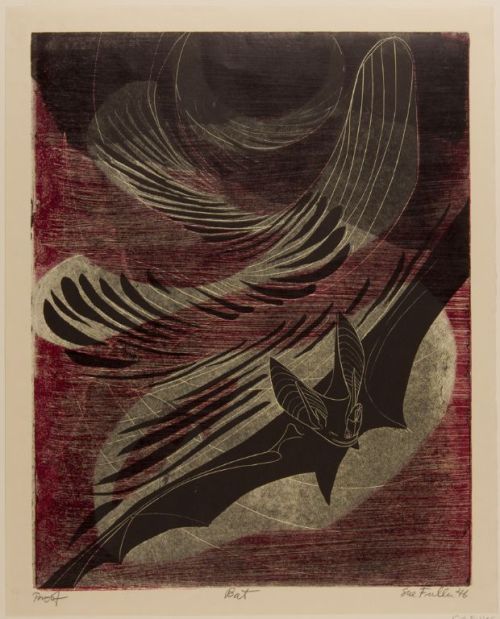 artistsanimals:Title: BatArtist: Sue FullerMedium: relief printDate: 1946Size: 35.7 x 28 cm (14 1/16