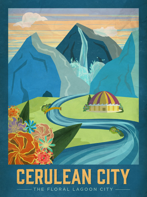 Pokemon Travel Poster - Cerulean City“A beautiful city with flowing water and blooming flowers