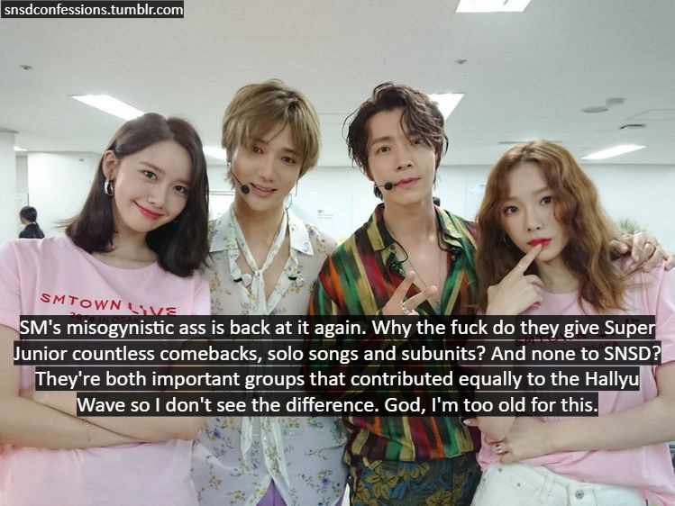 SM’s misogynistic ass is back at it again. Why the fuck do they give Super Junior countless comebacks, solo songs and subunits? And none to SNSD? They’re both important groups that contributed equally to the Hallyu Wave so I don’t see the difference....