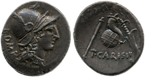 Two denarii with helmeted head of Roma (obverse) and cornucopia on globe with scepter to the left an