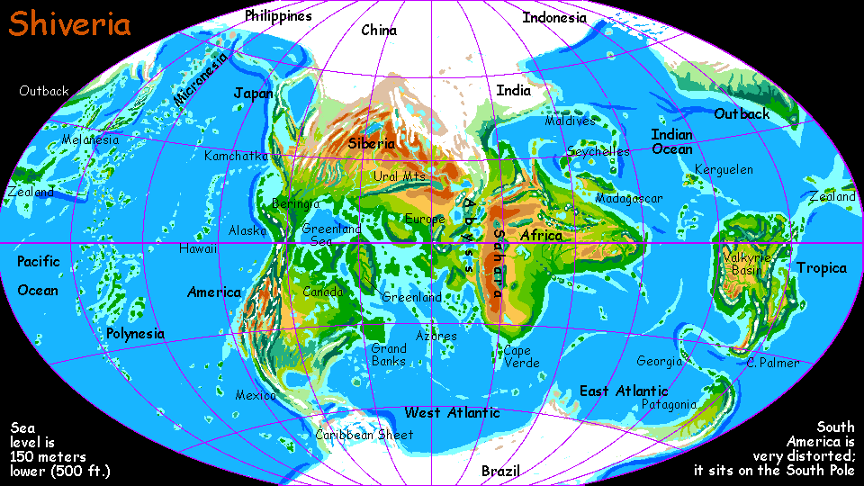 Shiveria: A map of the planet Earth if it was tilted so that both poles are on land. © Chris Wayan 2003.