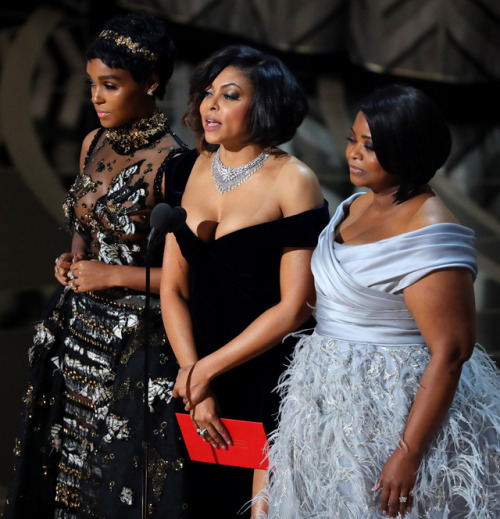 celebsofcolor:Janelle Monae, Taraji P. Henson and Octavia Spencer onstage during the 89th Annual Academy Awards at Hollywood & Highland Center on February 26, 2017 in Hollywood, California.