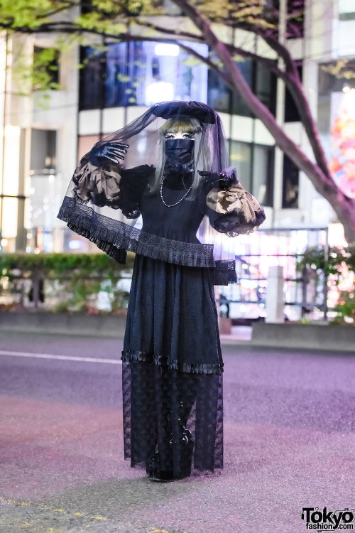 Japanese shironuri artist Minori on the street in Harajuku wearing handmade, remake, and vintage fas