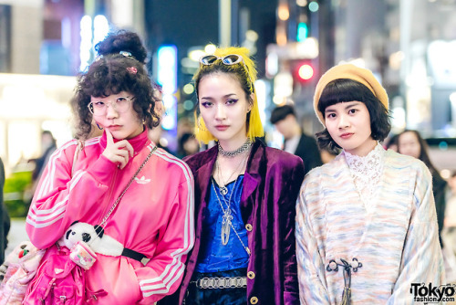 PinPin, Fish Allier, and Teiyu on the street in Harajuku wearing handmade and vintage fashion along 