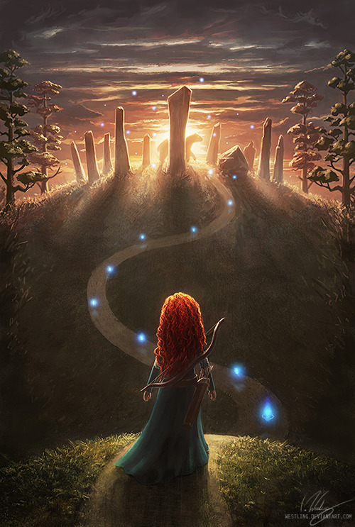 riseofthebravetangledragons:iwestling:ROTBTD, painted for the lovely (and oh so patient!) disneydame88 :)  Merida - SunriseHiccup - DayRapunzel - SunsetJack - Night