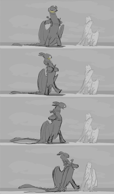 dragonshiddenworld:Check out these original storyboards of Toothless trying to impress the Ligh