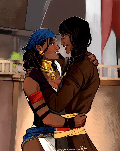 bottleshark:Commissions are back on track! This is a super cute Hawke/Isabela piece for Sunny!