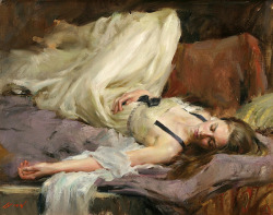 artbeautypaintings:  Lady in white reclining - Mary Qian