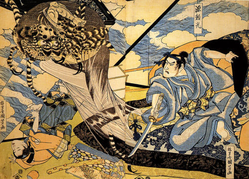 Woodblock print depicting the Samurai Minamoto no Yorimitsu slaying a tsuchigumo (spider monster).By