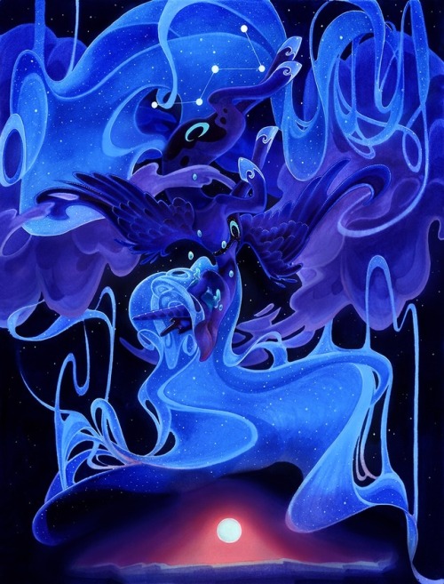 fleebites:‘cassiopeia’ : princess luna in reference to the constellation story of the disgraced queen who was banished to the sky and made to sit upside down on her throne for part of every night.   one more new print for bronycon! i’ll also have