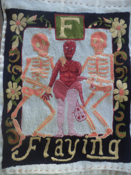 julieschulerart:Executioner’s Alphabet, Hand embroidered tapestry in progress, E-H