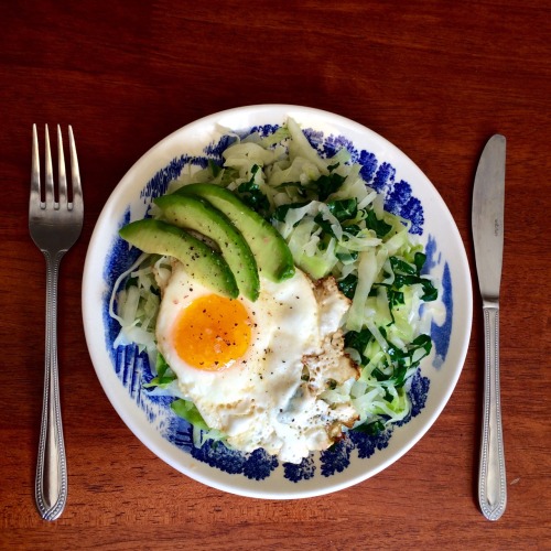 pineapplefeast:Cabbage &amp; kale with avocado and fried egg