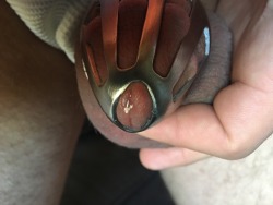 cublvrty:  wyosing:  Sunday funday.  He’s starting to pre cum more frequently, and the rivet is much more comfortable for him.  We are looking at three months without him having touched his own cock.  I told him once he can cum while locked up, I’d