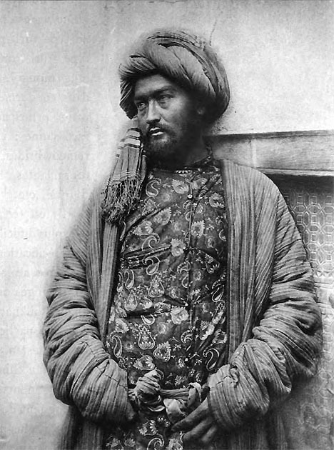 Amazing textiles and style…. Tajik man, near Bukhara, Central Asia. 1898—1899. Very nice old 