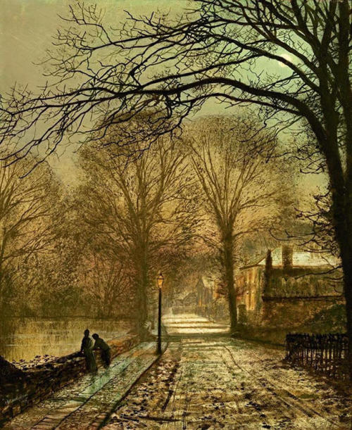 A moonlit country road (1877) by John Atkinson Grimshaw (England, 1836-1893). 