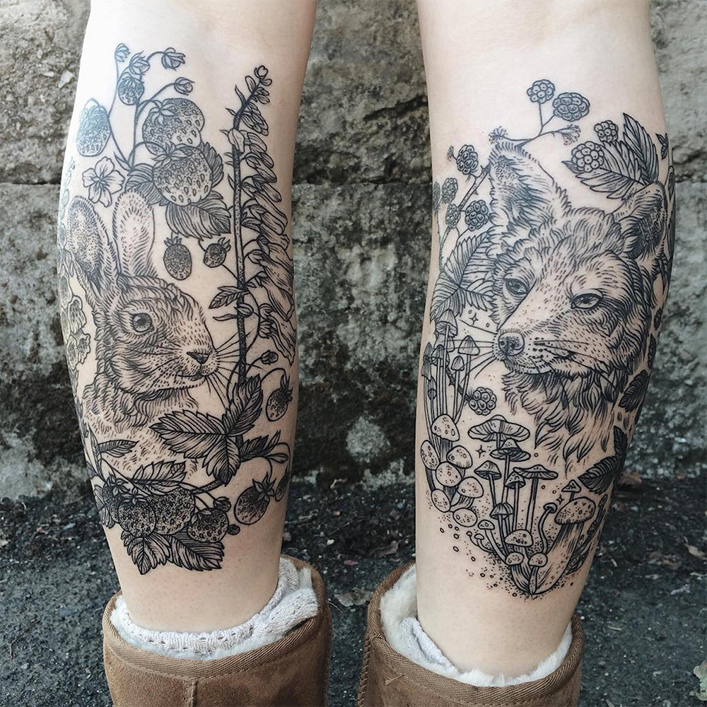 forestferncreations:  itscolossal:  Tattoos of Flora and Fauna Reminiscent of Woodcut