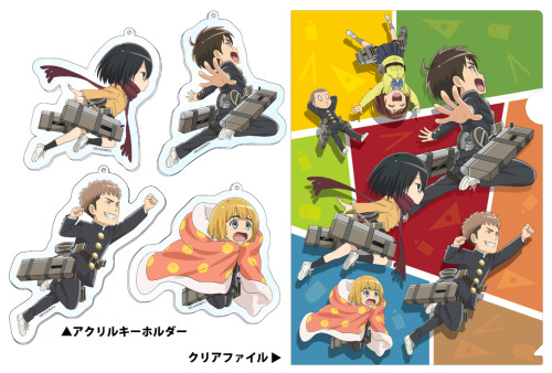 fuku-shuu:  Production I.G. & WIT Studio have revealed official merchandise that will be sold at Comiket 89 at Tokyo Big Sight! From main SnK will be a Levi tapestry, while Shingeki! Kyojin Chuugakkou will have an acrylic keychain + clear file set