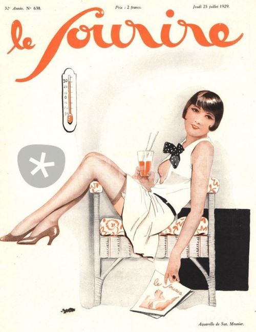 Lady beating heat spell, reading Le Sourire with cool drink. Le Sourire, July 1929. Artist: Suzanne 