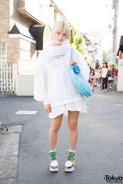tokyo-fashion:  Ene on the street in Harajuku wearing a sheer jacket from Wagado Tokyo over a 6%DOKIDOKI unicorn dress, a Nile Perch bag, and Yosuke platforms. Full Look 