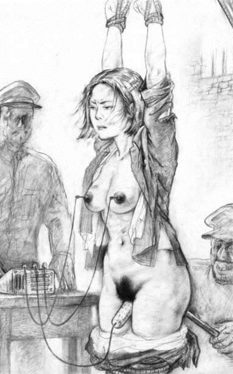 femaleillustrateds-mfantasies:  Wired her breasts and genitals for electric interrogation!