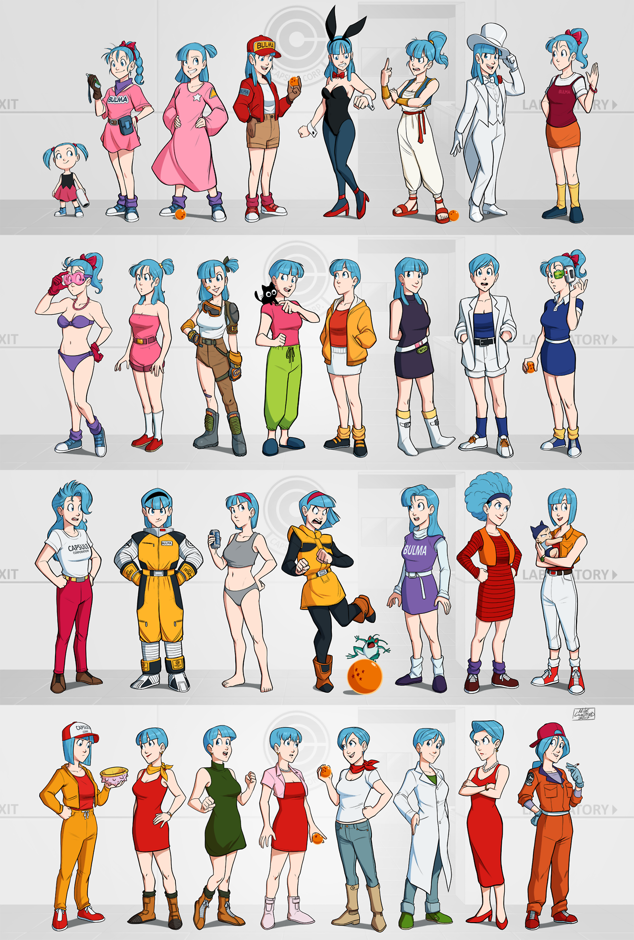 pulp-punk: I drew 32 versions of Bulma, all are costumes taken from Dragon Ball,