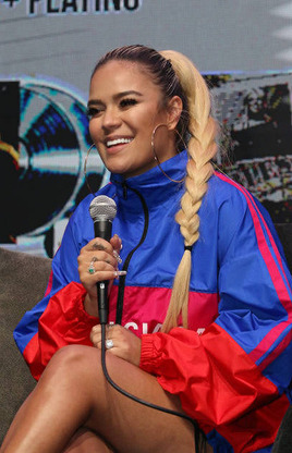 Karol G at the press conference for the &lsquo;Culpables Tour&rsquo; at Universal Music (Mar