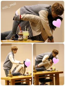 nielfacts:[Preview 1] 150405 When an angel piggybacks Niel *lol* at Cheongju fansigning [cr: @niel_page / @thenieldotcom]