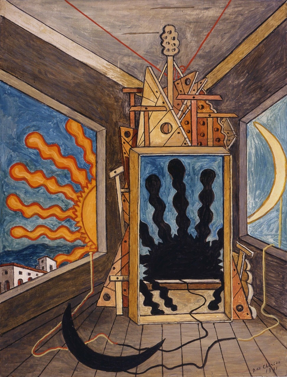 alaspoorwallace:Giorgio de Chirico (Italian, 1888-1978), Interno metafisico con sole