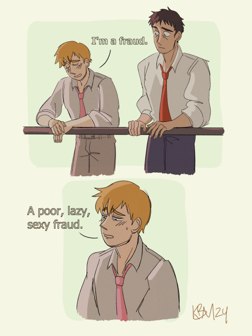 Top image: Reigen and Serizawa are leaning on a railing. Reigen looks down, his eyes closed sadly as he laments "I'm a fraud." Serizawa looks at him with some kind of concern.  Bottom image: A bust of Reigen, his eyes now open, looking down. He looks forlorn. He follows up his previous words with "A poor, lazy, sexy fraud."  The original quote is from Futurama and is said by Bender.