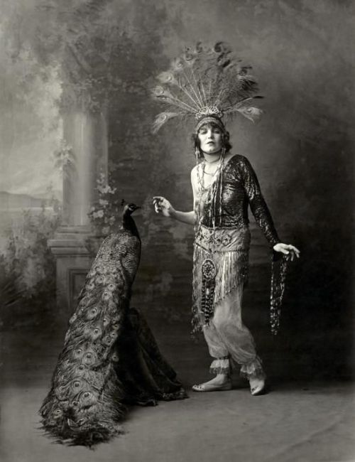 1920s, Louise Glaum with peacock.