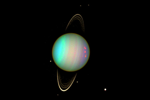 This wider view of Uranus reveals the planet&rsquo;s faint rings and several of its satellites.The b