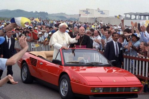 vintageeveryday:Pope John Paul II in a brand new Ferrari Mondial Cabriolet in Fiorano, Italy, on Jun