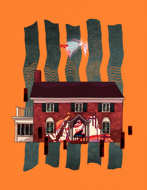 an illustration of a house on an orange background. the front of the house is peeled away, showing abstract shapes and a piano inside. a ghostly woman floats above the house, face-down.