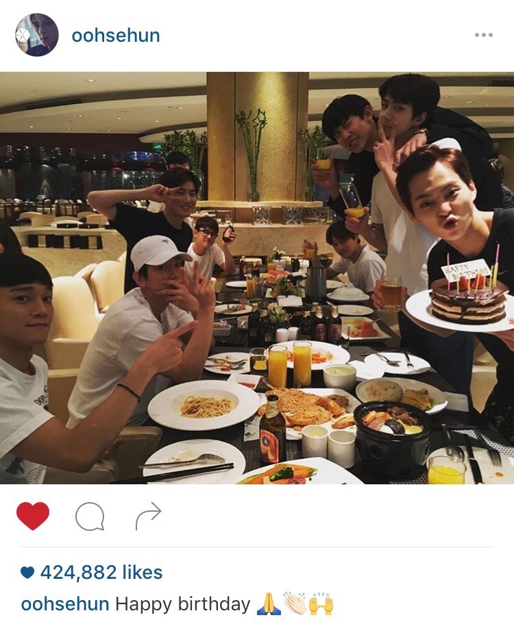 EXO celebrating Xiumin’s birthday
Sehun’s Instagram post