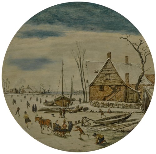 Winter Landscape with Skaters and a Farm House by Esaias van de Velde. Dutch, 1616. Oil on circular 