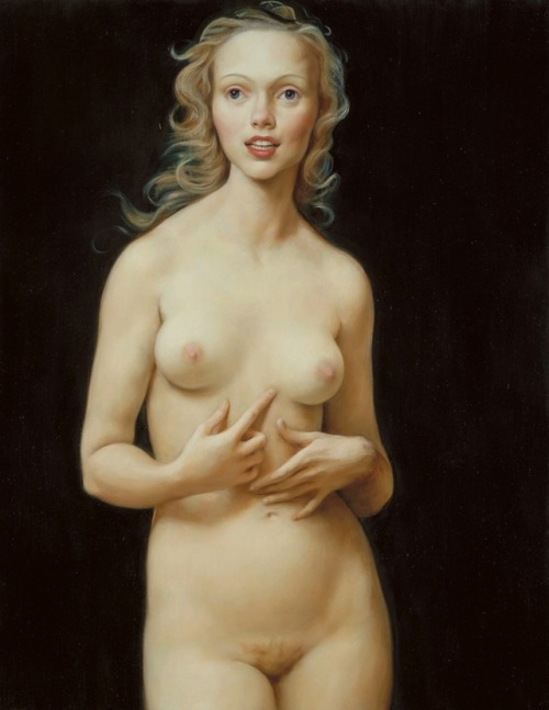 canforasoap:John Currin (American, born 1962), Honeymoon Nude, 1998Oil on canvas, 116.8 x 91.4 x 3.3 cm. Tate Gallery