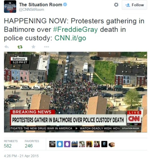 iwriteaboutfeminism:  About 1,000 protesters gathered in Baltimore to march for justice for Freddie Gray, who died earlier this week after he suffered a severed spine and crushed voice box while in police custody. Tuesday, April 21st.Part One[Part Two]