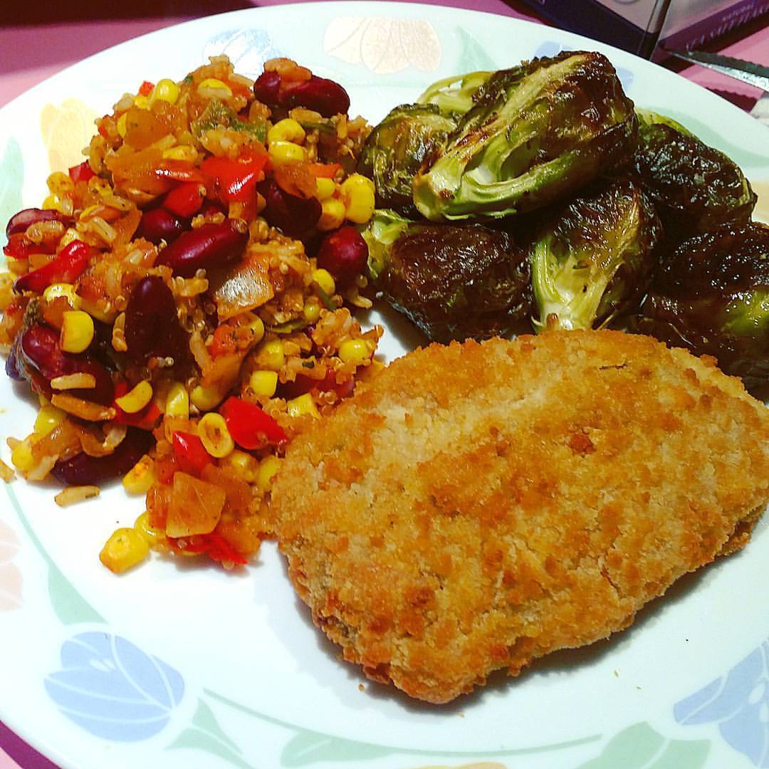 Meatless Friday. #quorn #cheeseandtomatoschnitzel #ovenroasted #brusselsprouts #brownrice