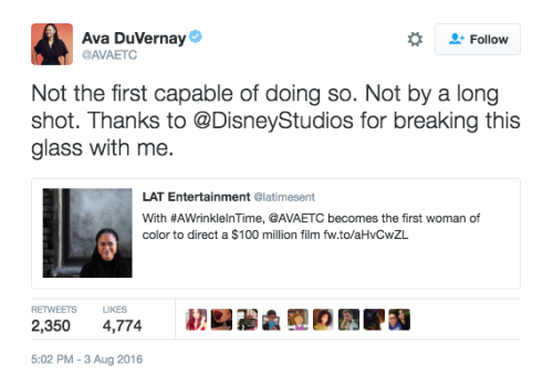 refinery29:  Ava DuVernay just became the first Black woman to direct a 贄 million movie A Wrinkle In Time will be forthcoming from Disney in 2017 and will be the first movie to be directed by a woman of color budgeted over 贄 million. And DuVernay