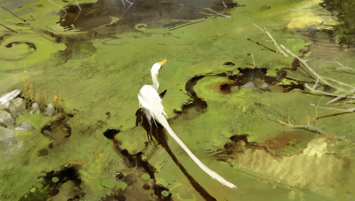 paleoillustration:Wading by Luke Mancini:“Inspired by egrets in the creek between my place and work,
